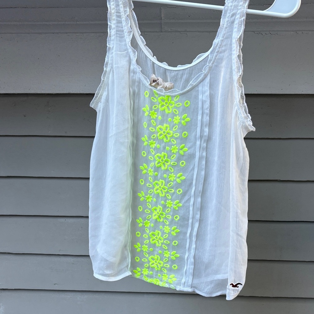 Hollister White Tank with Neon Yellow Floral Pattern
